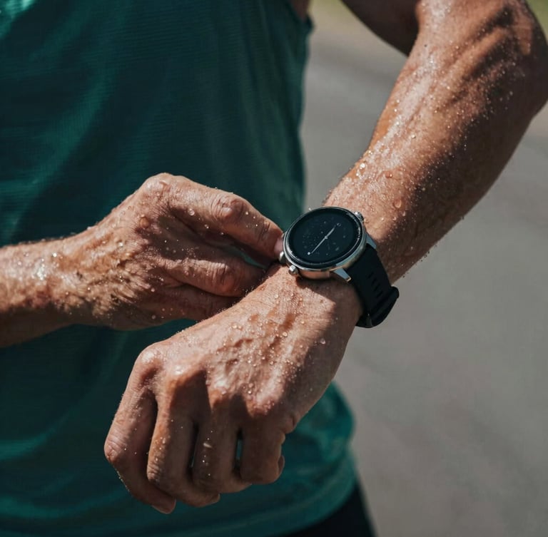 Close-up of hands adjusting a sports smartwatch on a runner's wrist, sweat drops visible, dramatic side lighting, cool athletic tones.