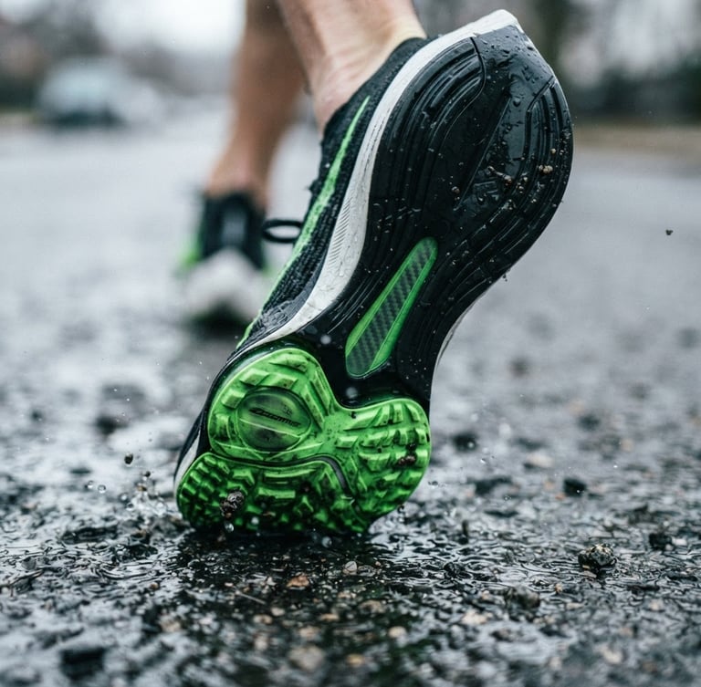 Macro close-up of running shoe outsole on wet asphalt, high-contrast cool lighting with sharp green details, dynamic 35mm lens.