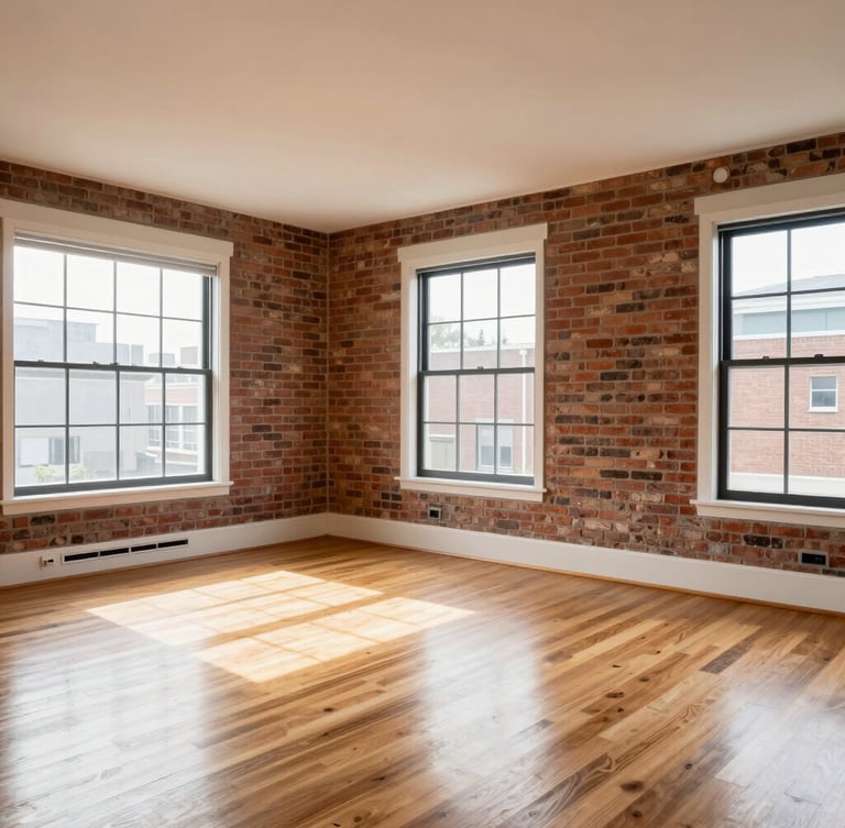 Bright natural afternoon daylight illuminating a spacious apartment living room with historic brick walls, polished hardwood floors, and updated modern windows, 24mm lens