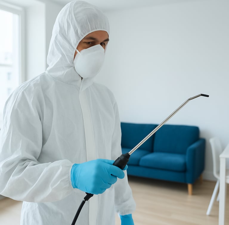 A professional technician in a clean, white protective suit and mask, holding a precise applicator tool in a bright, modern, pest-free apartment interior, natural daylight, high-key lighting.