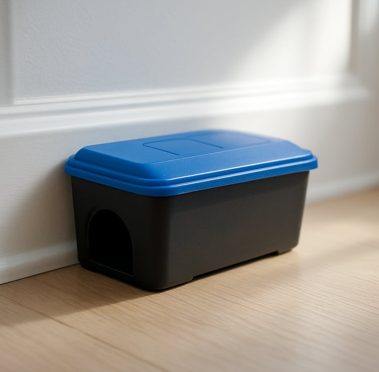 Macro shot of a clean, professional non-toxic bait station placed discreetly along a clean baseboard in a bright, sunlit room, focusing on safety and hygiene.