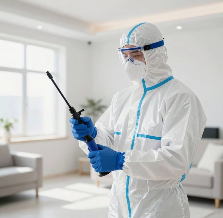 Professional pest control technician in a neat white protective uniform and mask, holding a specialized spray wand, bright clean modern apartment interior, natural daylight, high-key lighting, clinical feel