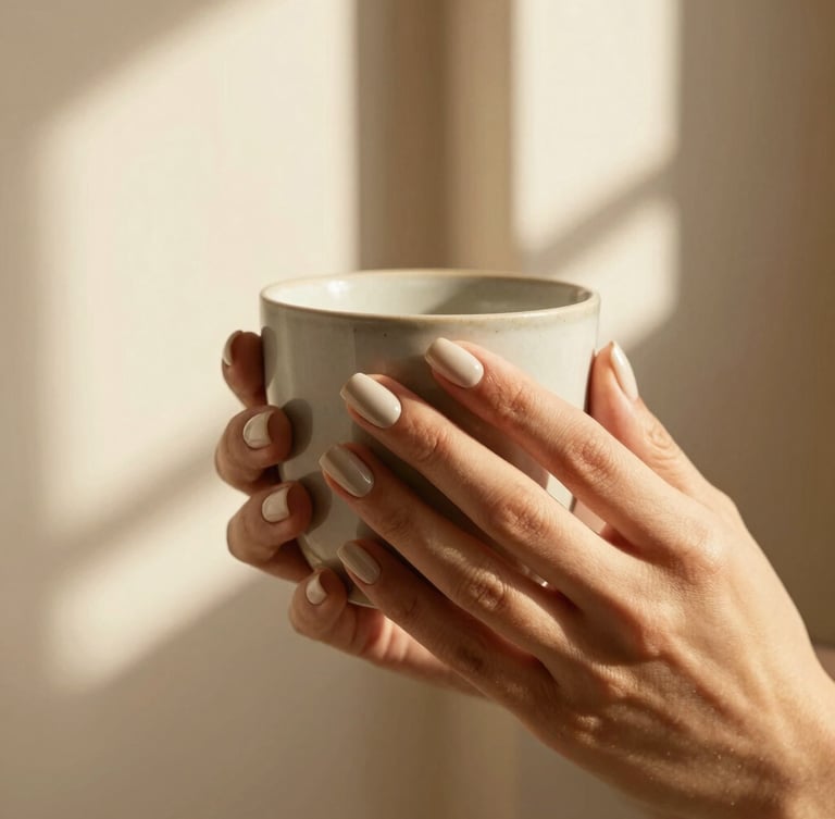 Close-up of hands with detailed press-on nails holding a ceramic cup, soft shadows, warm editorial photography