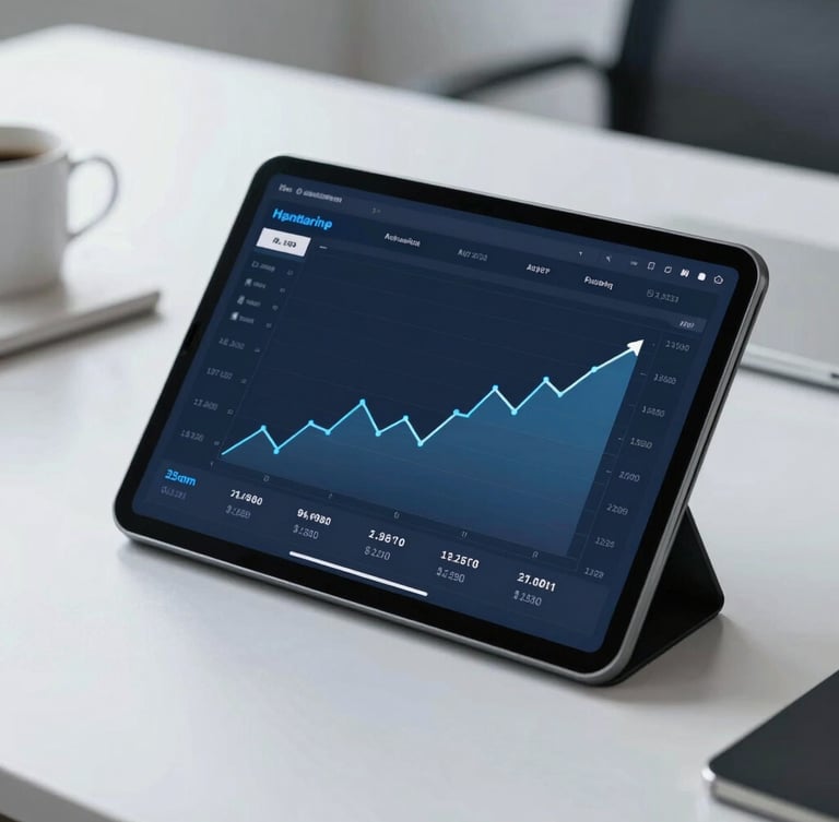 Close-up of a clean modern desk setup with a tablet displaying a financial dashboard with positive upward trends, bright professional photography, cool slate tones