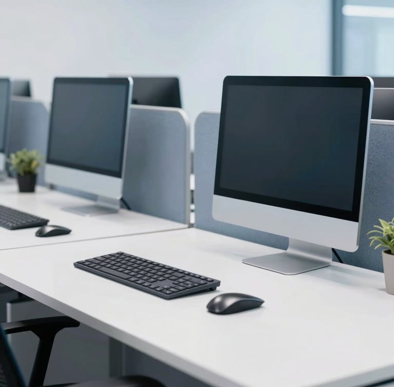 Bright professional photography of a modern corporate office, clean desk setups with modern technology, cool blue and slate tones, sharp focus, 35mm lens