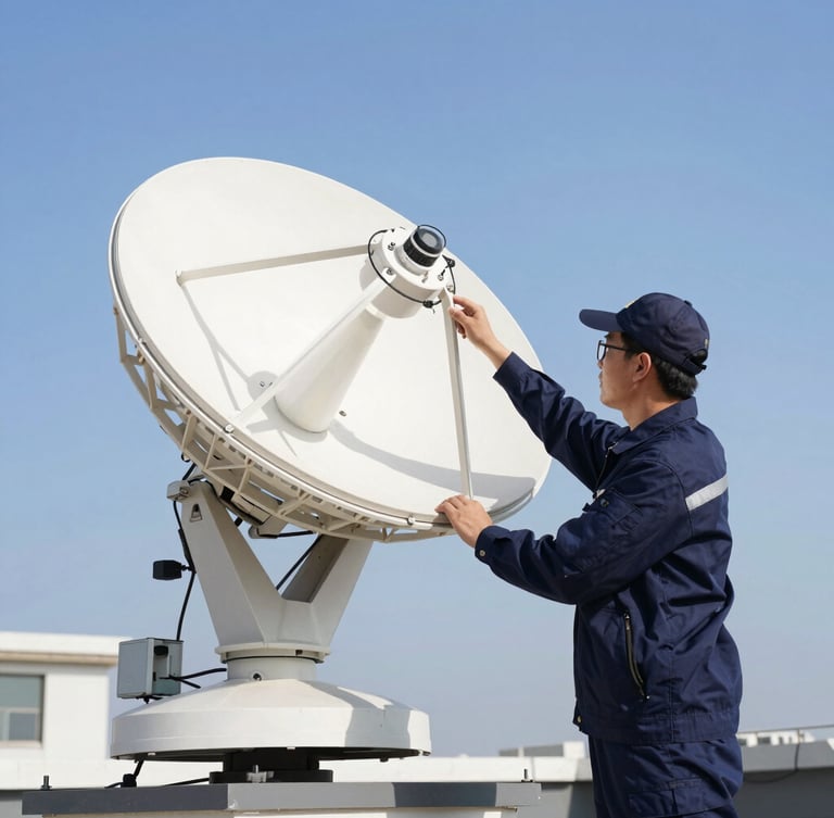 A professional technician in a clean uniform calibrating a modern satellite dish on a rooftop, clear blue sky background, crisp daylight, sharp focus on metallic hardware.