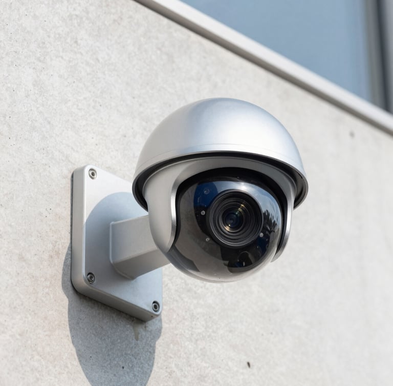Close-up of a modern dome security camera mounted on a clean concrete wall, sharp metallic focus, bright natural daylight, 35mm lens