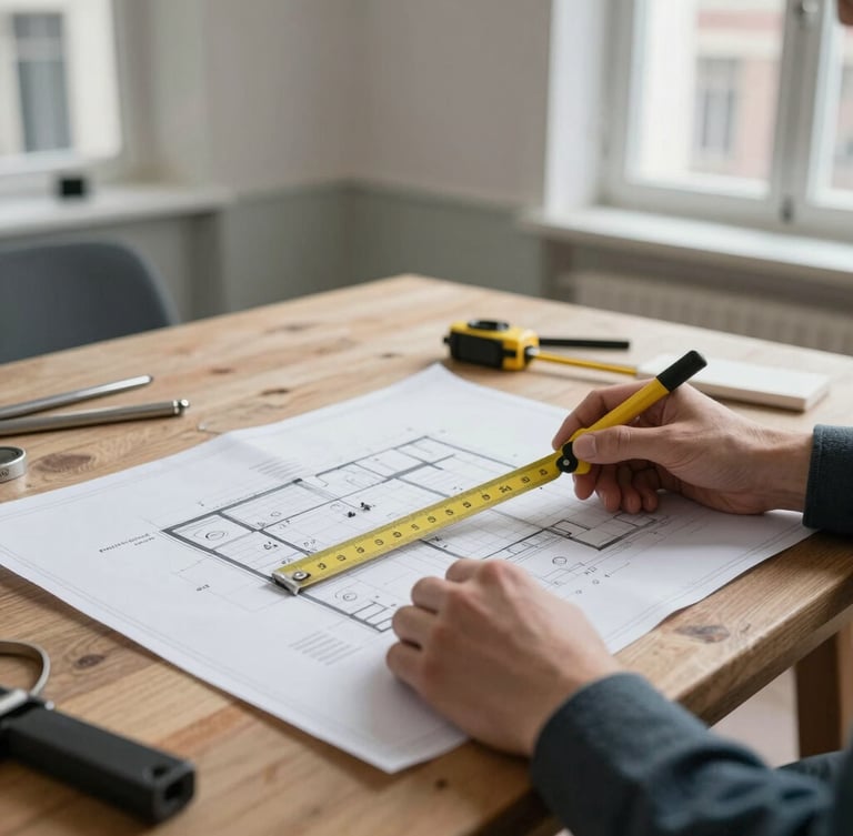 Close-up of hands holding architectural plans and a measuring tool on a wooden work table inside a classic Brussels townhouse, soft natural light.
