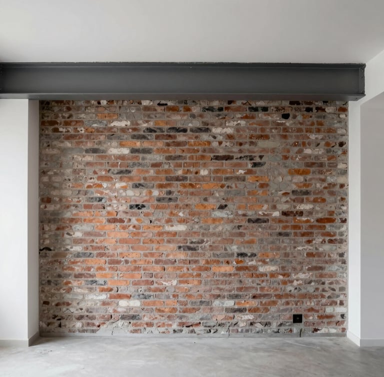 Straight-on architectural photo of a raw mid-renovation Belgian townhouse interior, exposed brick wall, structural steel beam, soft overcast daylight, sharp focus.