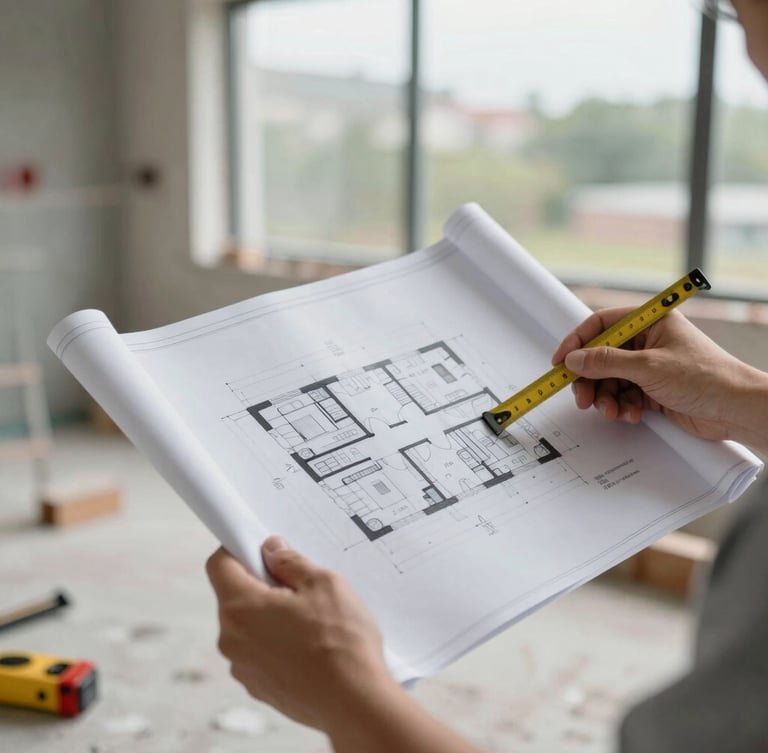 Hands holding detailed architectural plans and a measuring tool on an active residential renovation site, soft natural daylight, realistic textures
