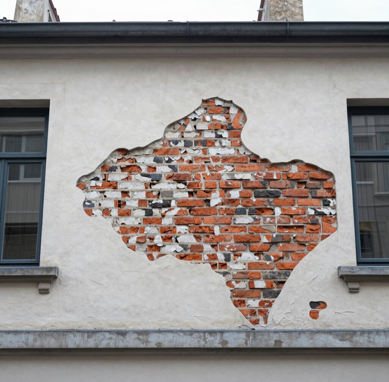 Detailed close-up of exposed structural brickwork and old plaster in a Brussels townhouse, natural soft overcast daylight, sharp architectural focus