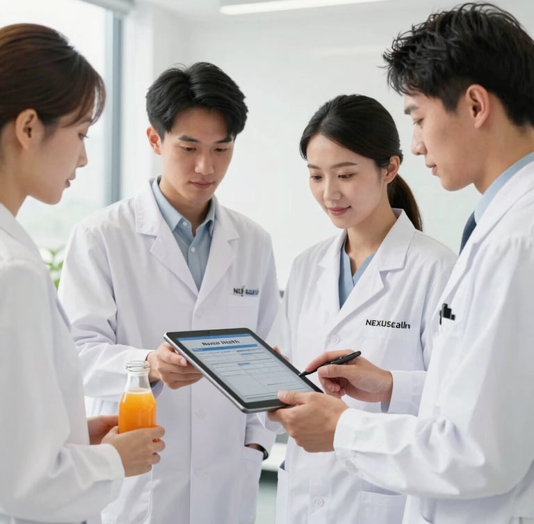 Portrait-oriented commercial photograph of the Nexus Health Juice operations team in clean white lab coats, reviewing a digital manifest on a tablet in a modern, brightly lit office. Sharp focus, high-key daylight.