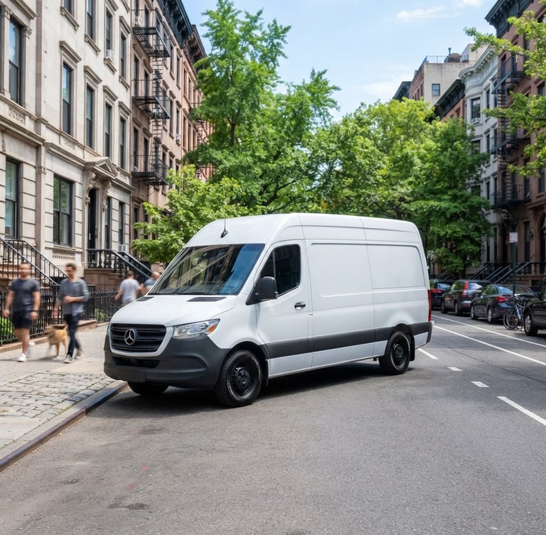Sleek branded Nexus Health Juice delivery vehicle on a clean Manhattan street at bright high-key daylight, sharp focus.