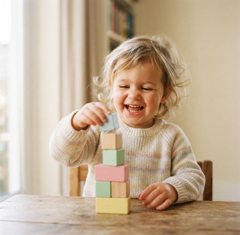 Eye-level medium close-up of a toddler laughing while placing a wooden block on a tower, soft natural window light, cream background, shallow depth of field, 35mm