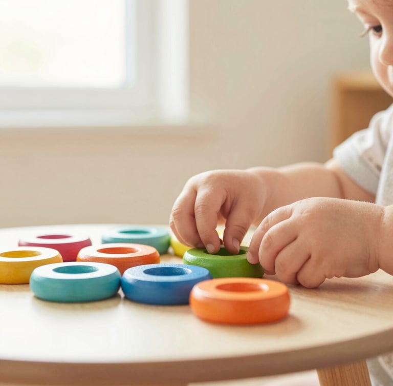 Eye-level close-up of a toddler's hands sorting colorful wooden rings on a low table, soft natural window light, warm cream background