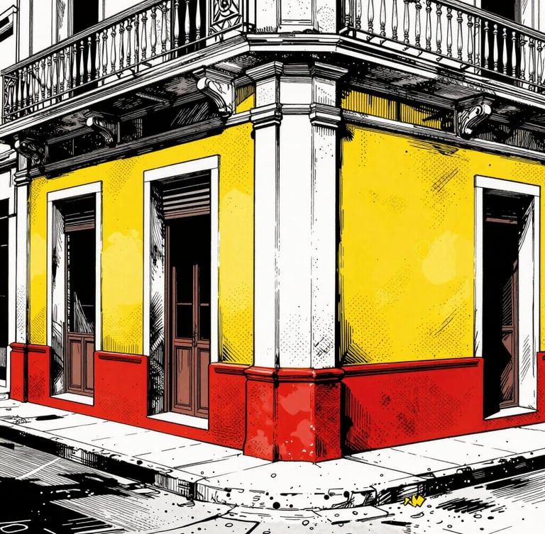 Editorial comic style illustration of a vibrant Santo Domingo street corner, high-contrast ink outlines, halftone dot patterns, dramatic shadows, yellow and red accents
