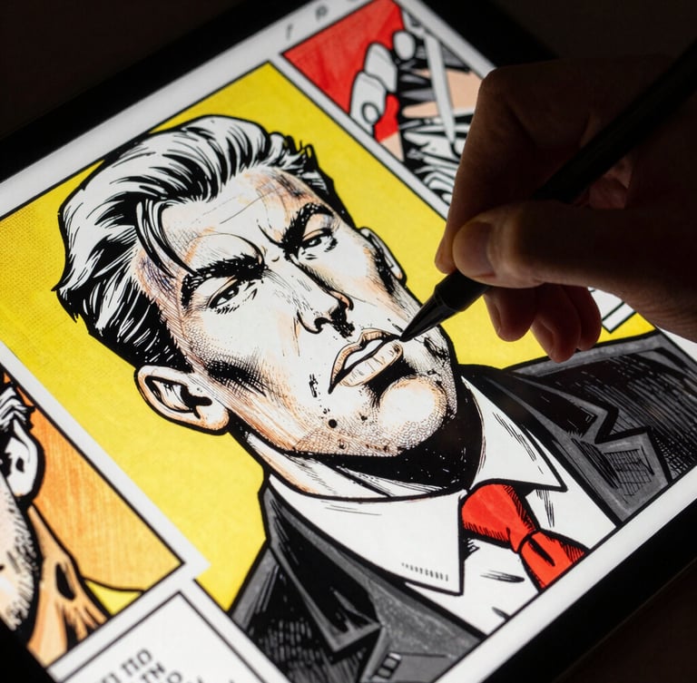 Dramatic close-up of a hand drawing a political comic on a digital tablet, heavy black ink lines, halftone textures, vibrant yellow and red accents on screen, high-contrast chiaroscuro lighting