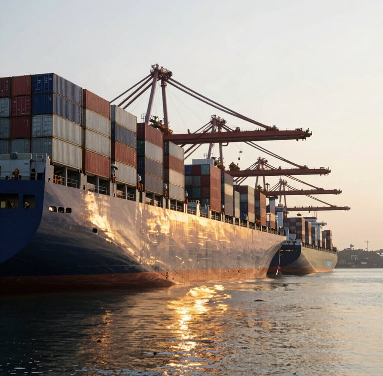Wide-angle industrial editorial photography of a deep-water shipping port at dawn, cargo vessels aligned precisely, warm gold reflections glinting off metallic containers, slate gray and navy tones, 35mm lens.
