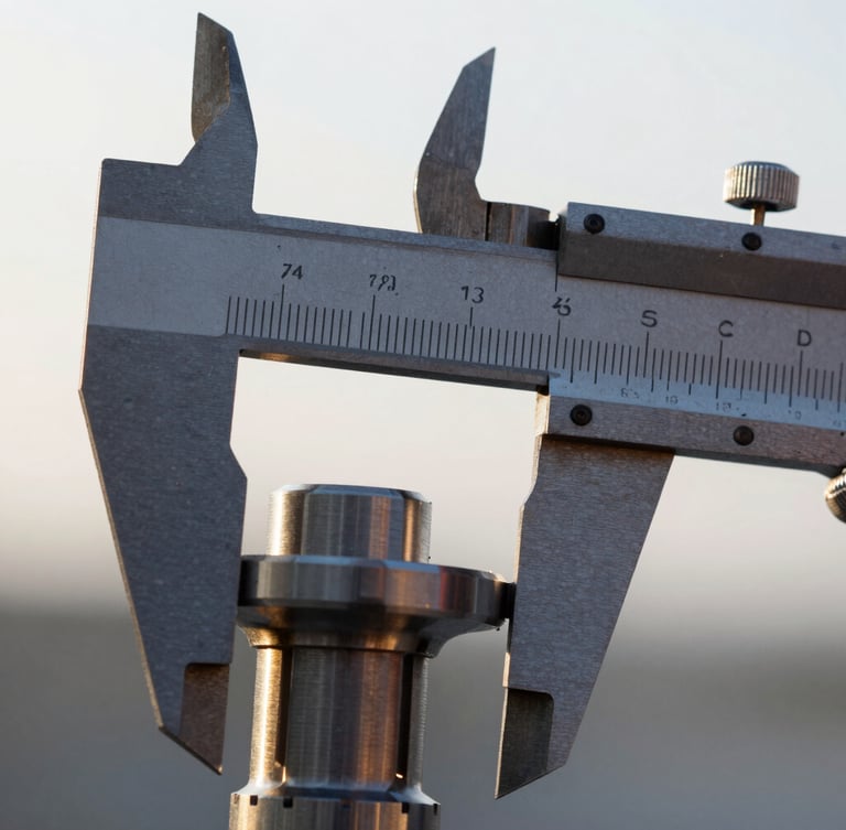 Extreme close-up of technical calipers measuring a precision metal component, crisp morning daylight glinting off steel, warm gold reflections, industrial editorial photography, 35mm lens