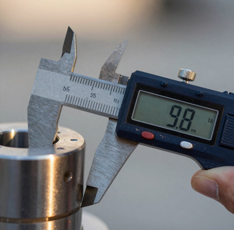 Extreme close-up of digital calipers measuring a machined steel component, crisp morning daylight, warm gold reflections on metallic surfaces, 35mm lens