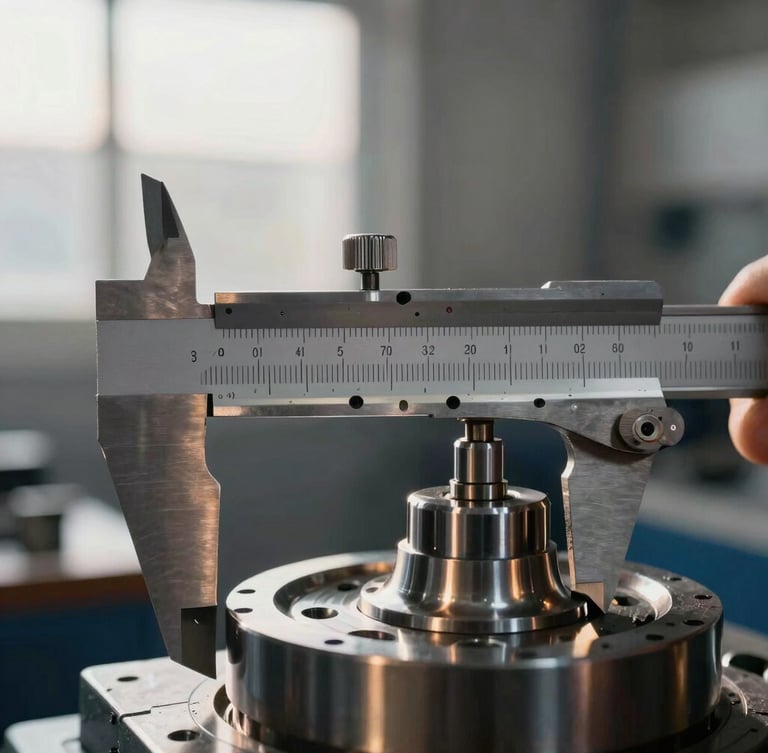 Extreme close-up of technical steel calipers measuring a high-precision machined component, crisp morning daylight reflecting off the polished metal, industrial workshop background.