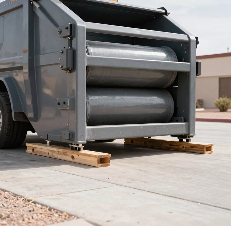 A sharp close-up of a heavy-duty truck mechanism lowering a clean roll-off dumpster onto wooden protective planks on a clean concrete driveway, bright Arizona daylight.