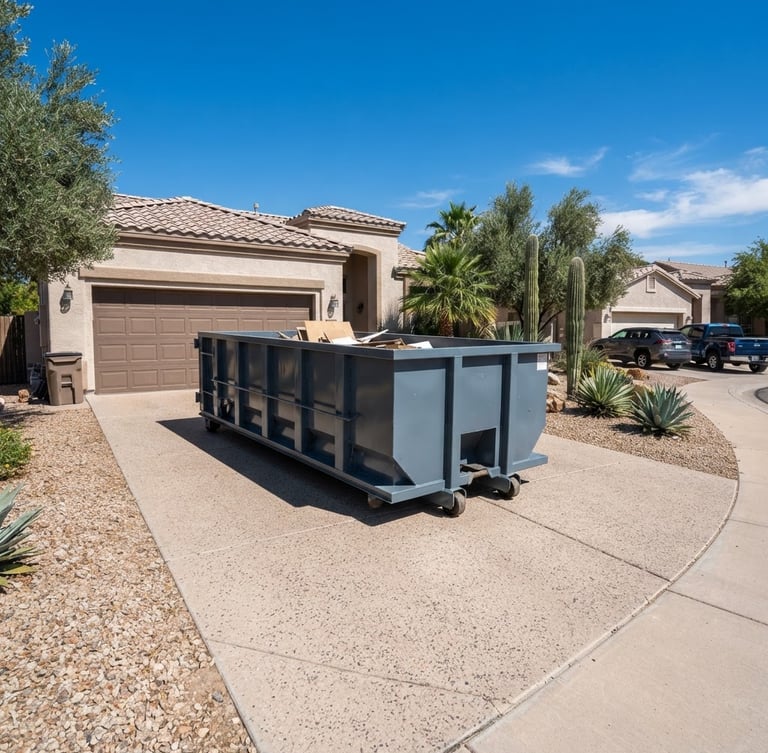 Wide angle shot of a clean slate-gray roll-off dumpster placed neatly on a residential driveway in Glendale, bright Arizona daylight with sharp crisp shadows