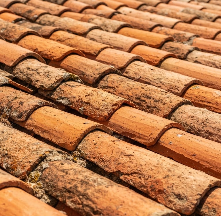 Close-up of traditional terracotta roof tiles in bright Mediterranean sunlight, warm orange tones, crisp details, 35mm lens