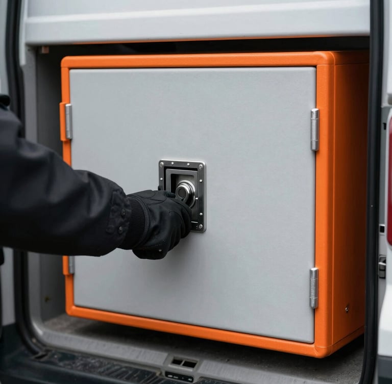 Tight shot of a secure lockbox being closed by a gloved hand, inside a branded transport vehicle, industrial editorial photography, overcast daylight, high-contrast desaturated tones with safety-orange accents, sharp focus, 35mm lens.