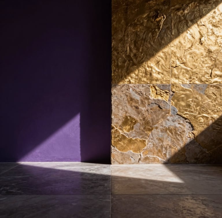 Quiet architectural space with dramatic shadows and sharp shafts of light cutting through, highlighting textured stone and gold leaf details, editorial