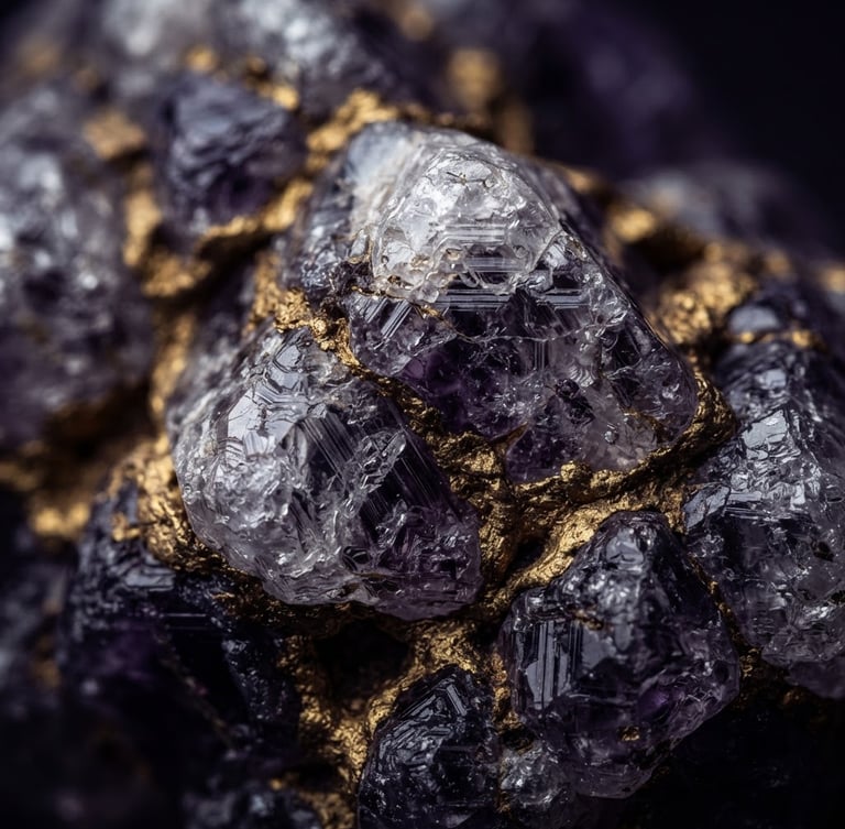 Macro close-up of raw diamond crystal structure with matte gold veins, dramatic chiaroscuro lighting, deep violet shadows, fine art editorial photography