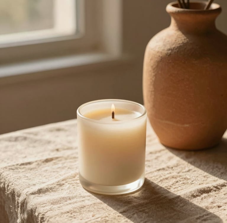 Close-up of a hand-poured soy candle and rough ceramic vase on a linen tablecloth, warm golden-hour window light casting soft shadows, earthy terracotta and sand tones, 35mm photography