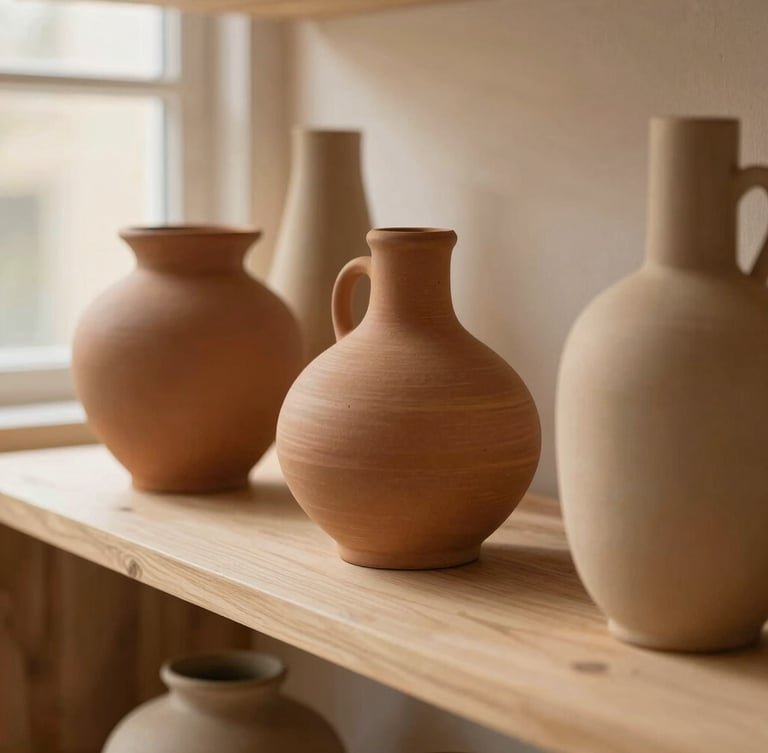 Medium environmental shot of styled ceramic vases and organic linen sheets on a light wood shelf, soft diffused window light, warm sand and terracotta tones, shallow depth of field