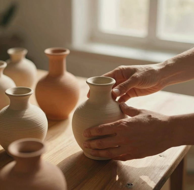 Tactile close-up of hands arranging ceramic vases on a wooden table, soft golden-hour window light casting gentle shadows, warm editorial photography, 35mm