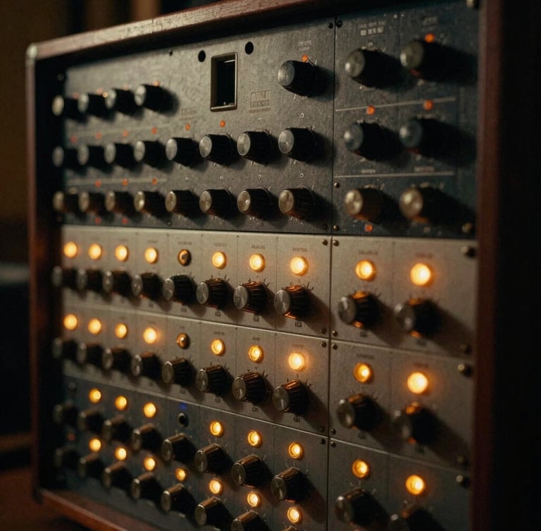 Close-up of a rack of vintage tube compressors and equalizers, warm amber status lights glowing in a dimly lit studio rack.