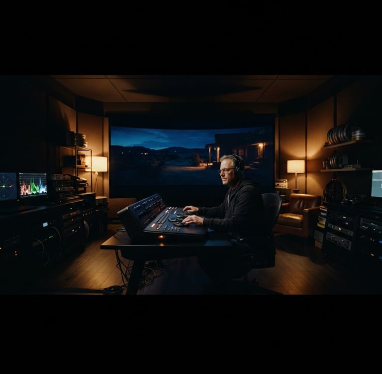 Extreme wide anamorphic shot of a dark cinematic grading suite, warm tungsten light glowing behind a master colorist working on a massive screen, deep shadows, 35mm grain