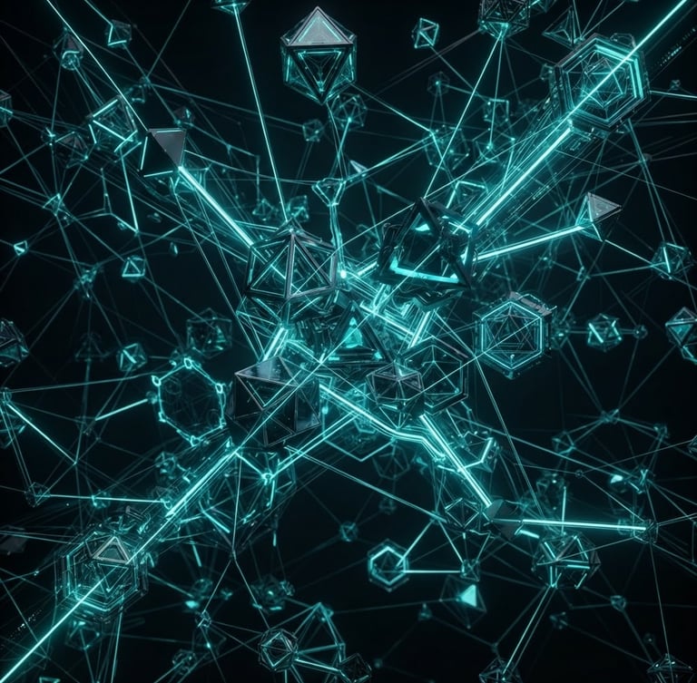 Futuristic 3d render of abstract glowing digital nodes, dark obsidian background, sharp neon teal cybernetic connections, high-contrast studio lighting