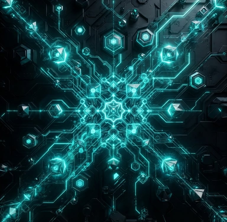 Futuristic 3d render of a clean glowing blockchain node structure, high contrast dark obsidian background with sharp neon teal accent lights, macro perspective