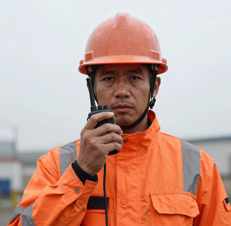 A close-up documentary portrait of an industrial safety officer in high-visibility gear and a hardhat, holding a radio, overcast daylight, sharp focus.