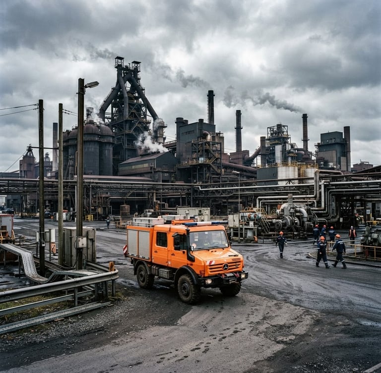 Wide environmental shot of a heavy industrial facility with a high-visibility orange mobile rescue vehicle parked in the foreground, high-contrast overcast daylight, safety orange and dark slate tones, sharp 35mm lens