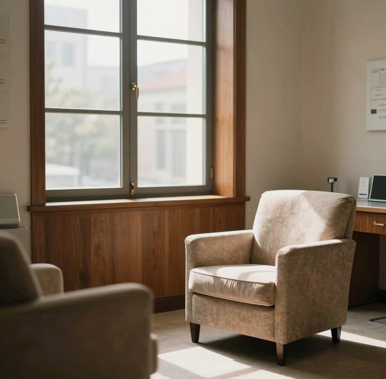 Elegant sunlit clinical consultation room with warm wood accents, a comfortable armchair, and large windows with soft diffused daylight, warm editorial photography