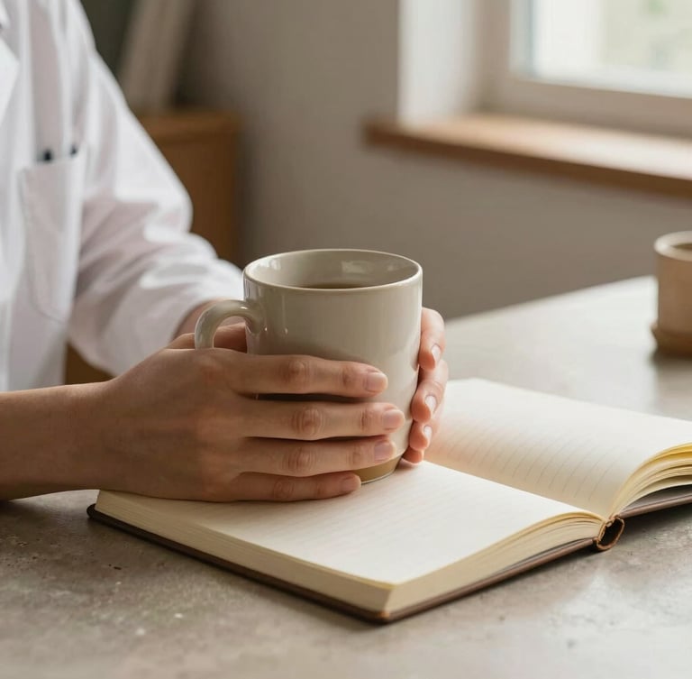 Close-up of hands holding a warm ceramic mug next to an open notebook on a clean stone desk, soft window light, warm tones