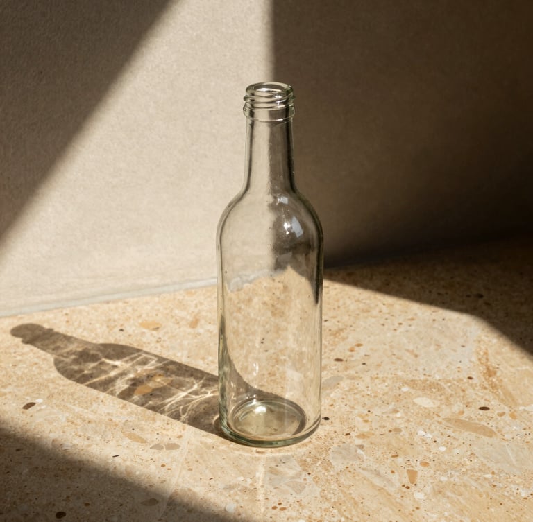 Refillable heavy glass bottle casting sharp afternoon shadows on warm travertine stone, direct sunlight, high contrast, 35mm