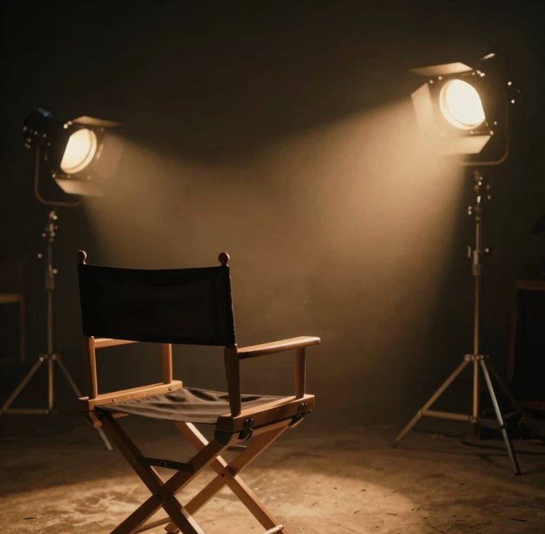Cinematic low-key lighting on a professional film set in Kochi, a director's chair in the foreground, warm amber spotlights cutting through haze in the background, 35mm film photography.