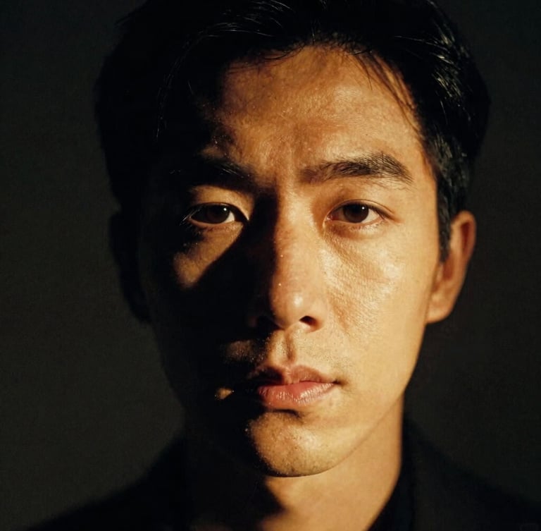 Dramatic close-up portrait of a character actor under warm spotlight, rich shadows, high-contrast chiaroscuro, cinematic 35mm film style.