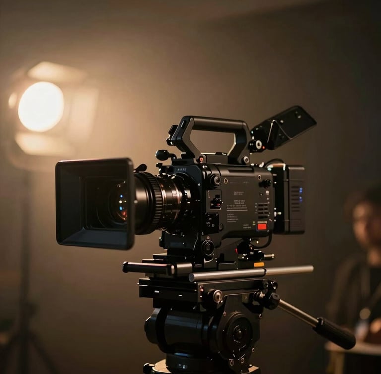 Behind the scenes film camera rig focused on a scene, warm stage lighting flares, cinematic atmosphere, shallow depth of field.