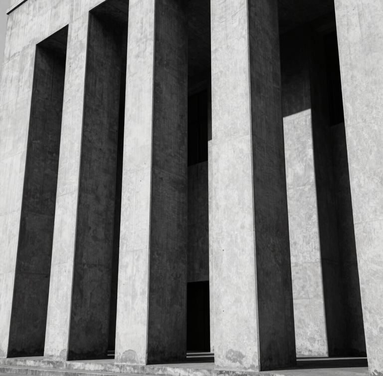Low-angle architectural shot of stark concrete high-court columns in New Delhi, deep shadows, high-contrast directional light, sharp focus, 35mm monochrome.