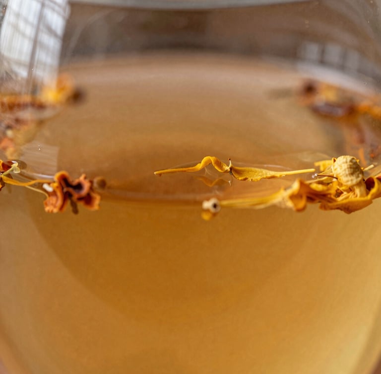 Macro close-up of warm amber tea steeping in a glass vessel, golden hour window light casting long soft shadows, dried botanical petals floating.