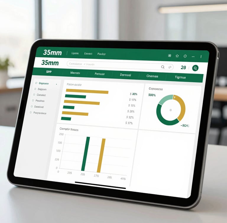 A close-up of a modern digital payroll interface on a tablet screen, displaying compliance charts and financial metrics, clean corporate office background, natural window light