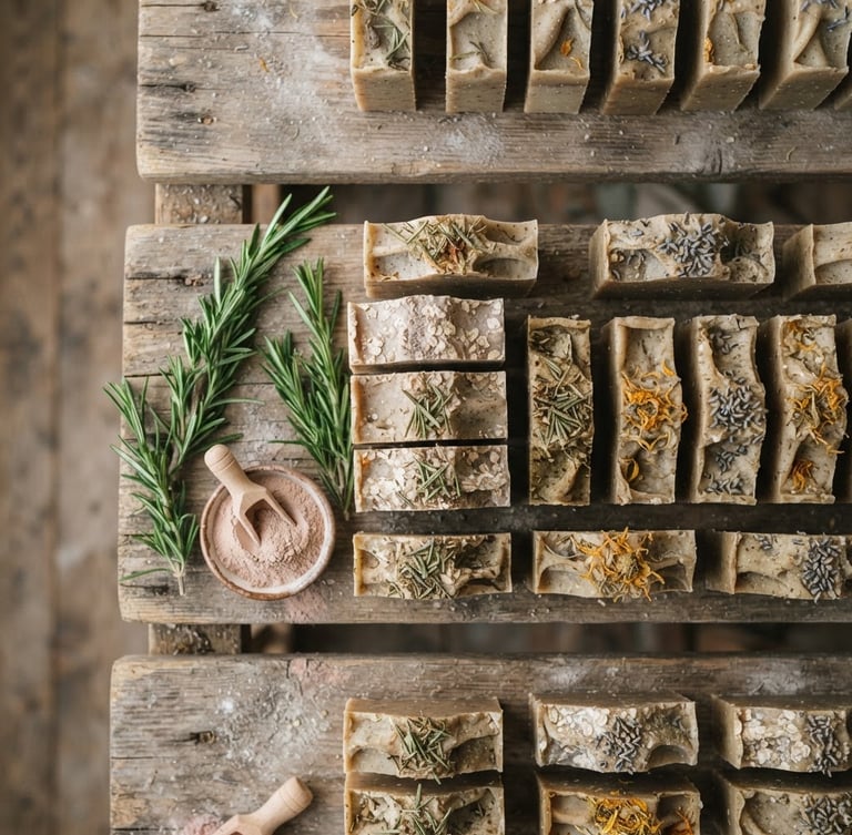 Macro overhead shot of raw handmade soap bars curing on wooden shelves, soft natural morning daylight, botanical elements like rosemary sprigs and clay powder nearby